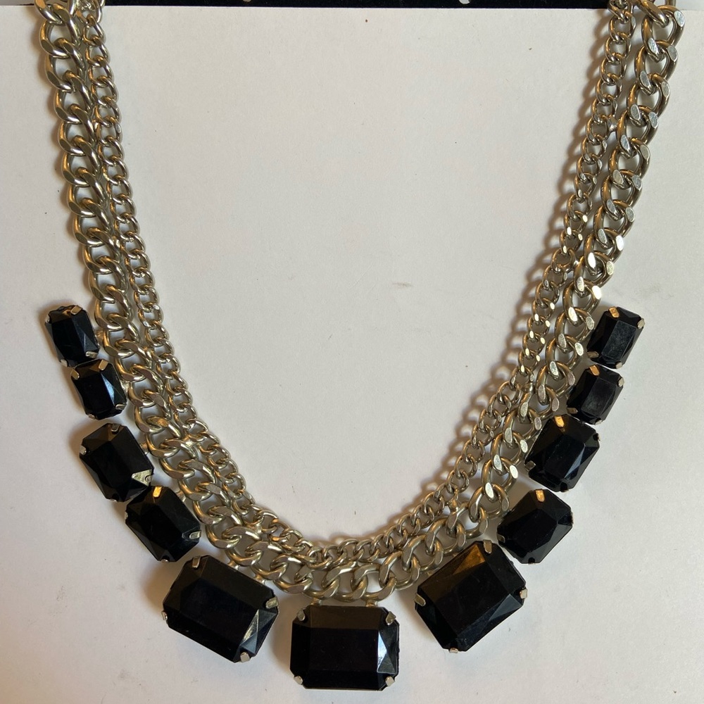 vintage silver-tone 2 chain Black chunky necklace 15" + 3" extender